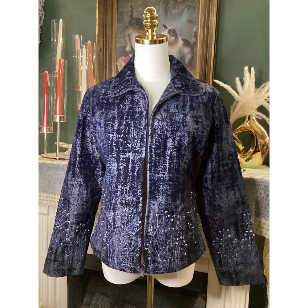 Anage Blue Velvet Embroidered Beaded Zip Up Jacket Floral Art to Wear Medium
